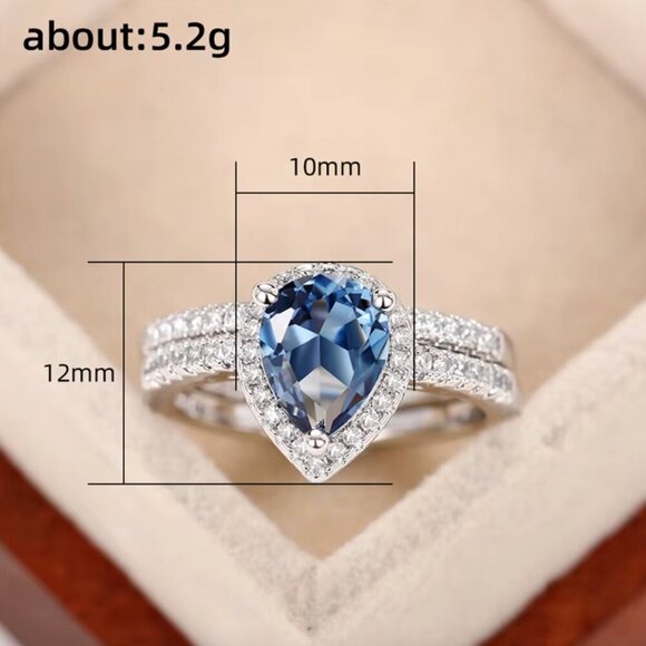 18k White Gold Sapphire Blue Diamond Pear Cut Ring Teardrop Ring - Picture 6 of 6